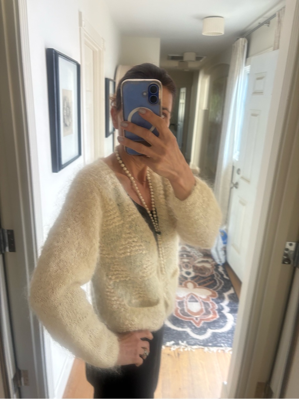 VTG Lauren Hansen Hand Knitted Mohair Wool Cardigan Cream Fuzzy Sweater M - Picture 10 of 15